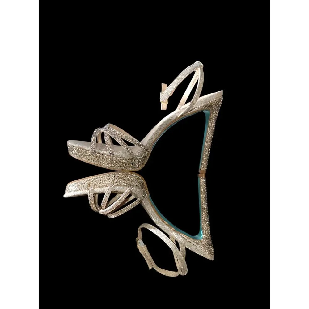Betsey Johnson SB Adde Champagne Rhinestone Heel Sandals 9.5M Glass & Fabric